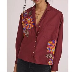 Anthropologie Maeve Burgundy Button Down With Floral Embroidery Size 12